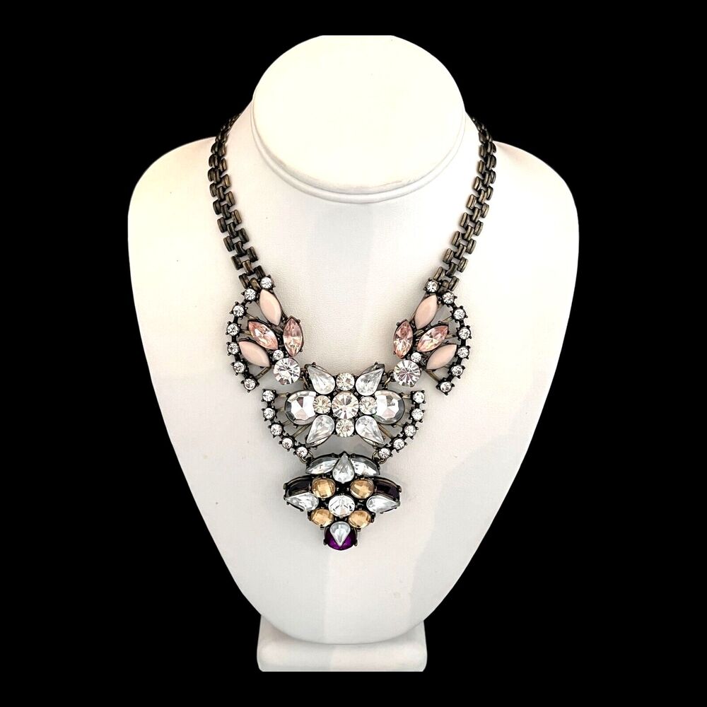 New Statement Necklace Antique Brass Tone Large Faceted Crystals - 6T